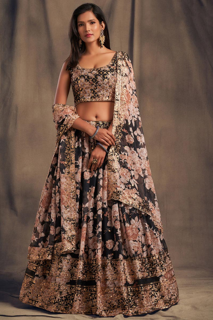 Black Color Organza Fabric Floral Printed Reception Wear Gorgeous Lehenga