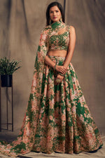 Load image into Gallery viewer, Gorgeous Green Floral Printed Sangeet Wear Lehenga Choli In Organza Fabric
