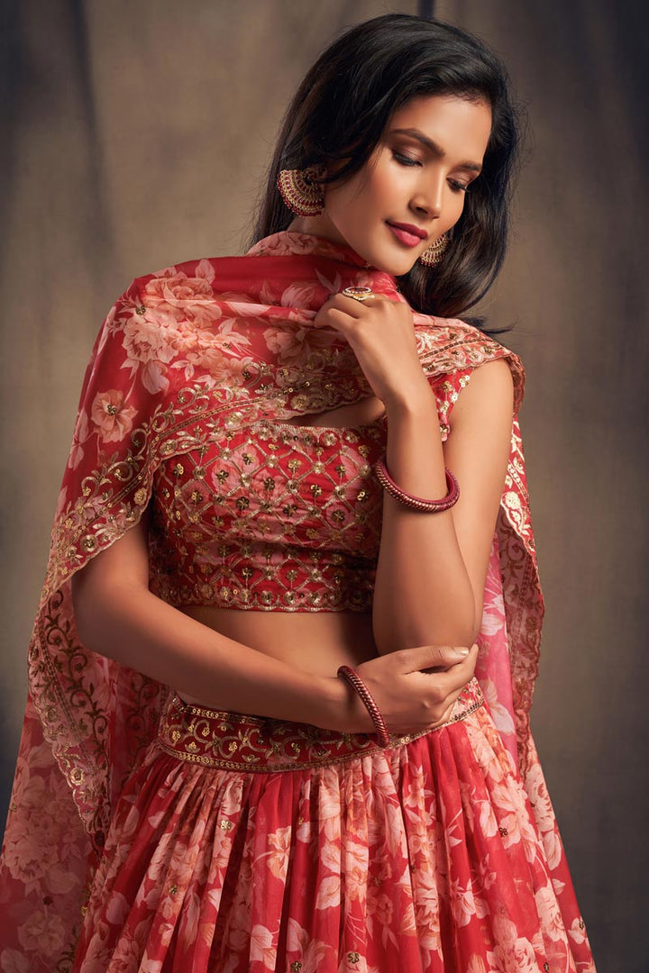 Organza Attractive Floral Printed Wedding Wear Lehenga Choli In Red Color