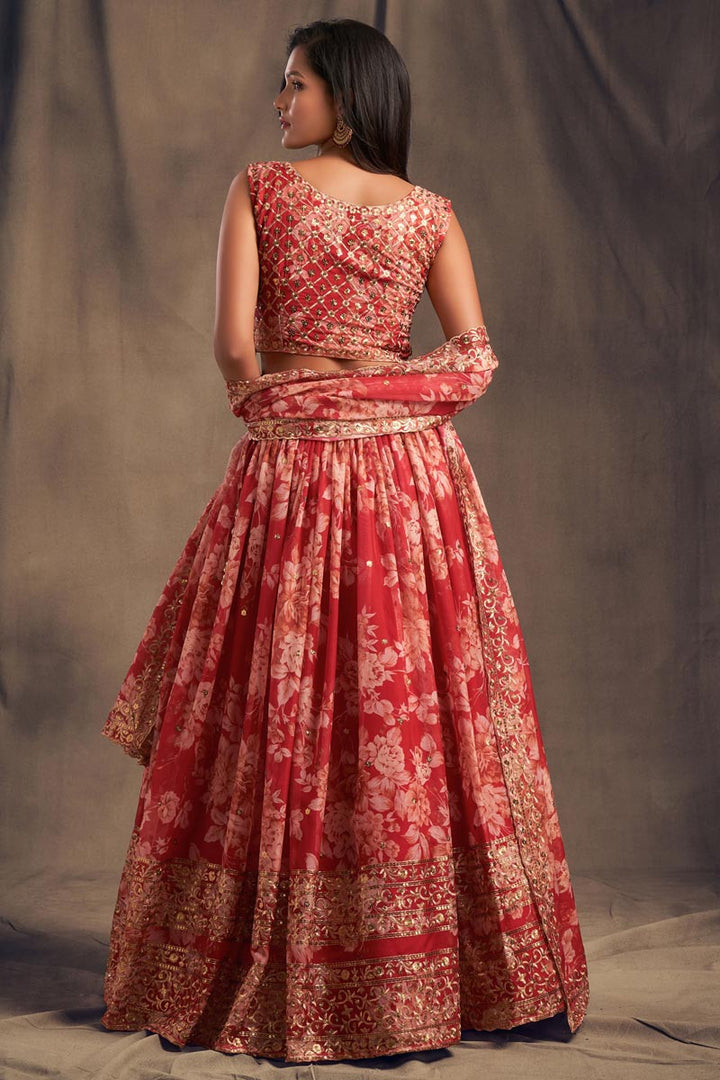 Organza Attractive Floral Printed Wedding Wear Lehenga Choli In Red Color