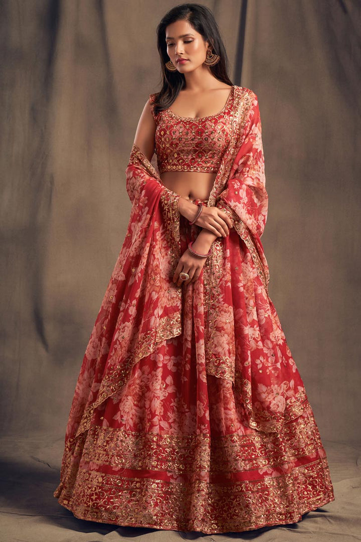 Organza Attractive Floral Printed Wedding Wear Lehenga Choli In Red Color