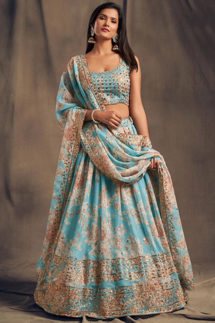 Sky Blue Organza Fabric Beautiful Floral Printed Wedding Wear Lehenga Choli