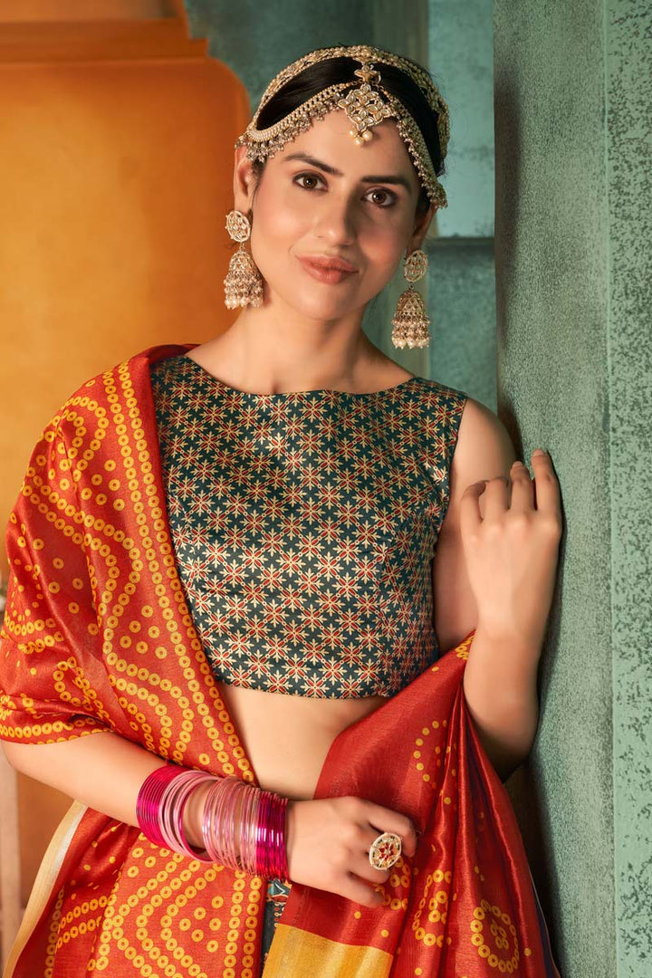 Art Silk Fabric Sangeet Wear Digital Printed Work Embellished Lehenga In Dark Green Color