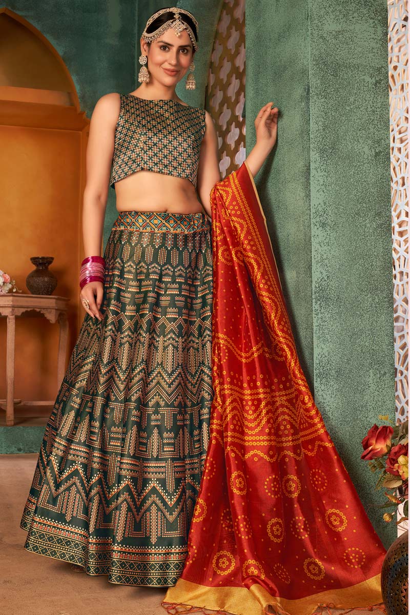 Art Silk Fabric Sangeet Wear Digital Printed Work Embellished Lehenga In Dark Green Color