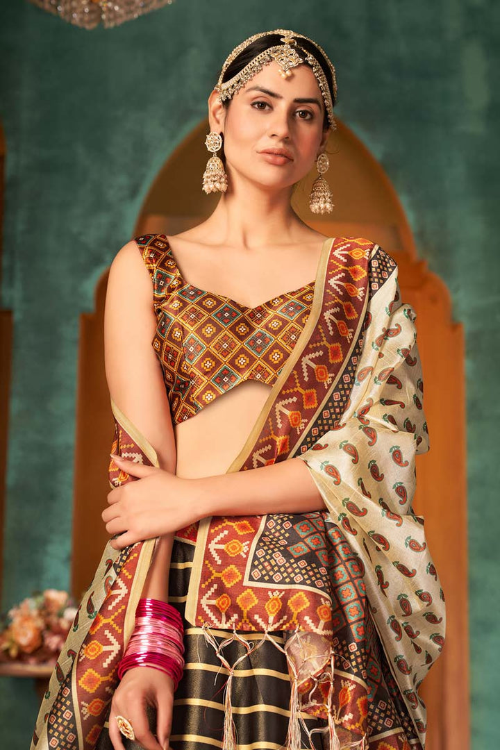Brown Color Art Silk Fabric Sangeet Wear Digital Printed Work Mesmerizing Lehenga