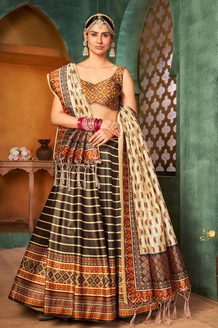 Brown Color Art Silk Fabric Sangeet Wear Digital Printed Work Mesmerizing Lehenga
