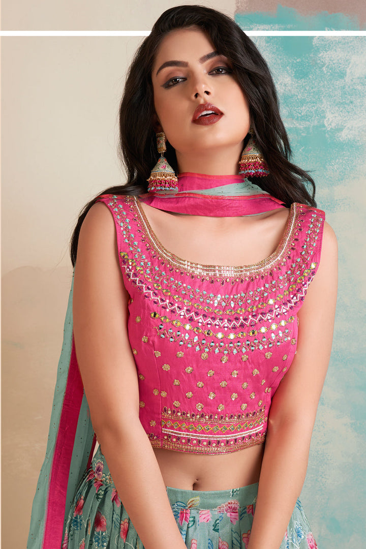 Trendy Chinon Fabric Light Cyan Color Readymade Lehenga Choli