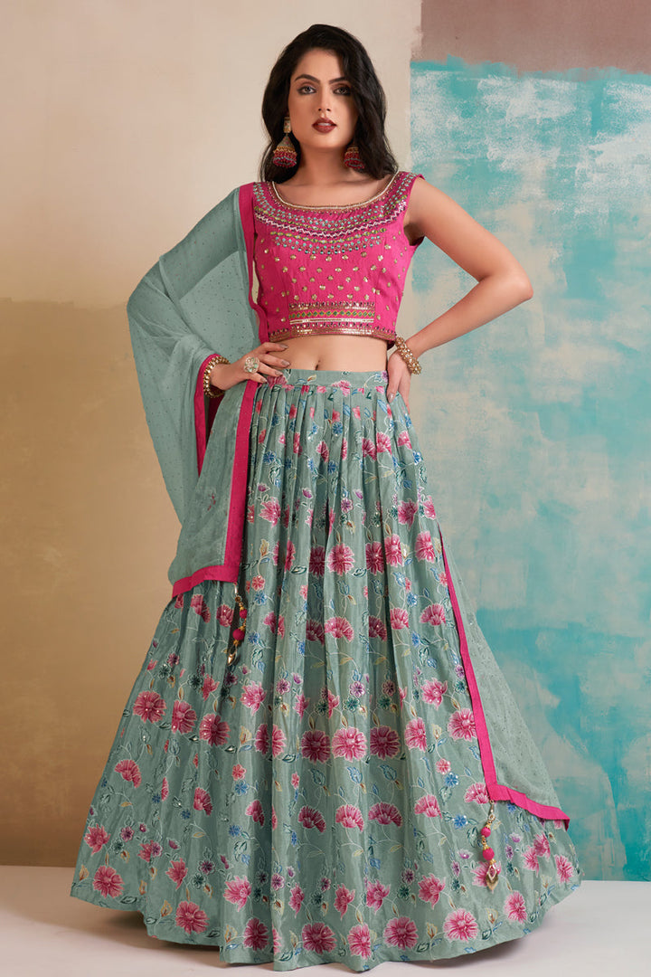 Trendy Chinon Fabric Light Cyan Color Readymade Lehenga Choli