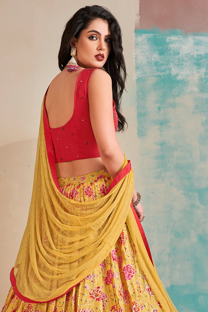 Exclusive Printed Work On Yellow Color Readymade Lehenga Choli