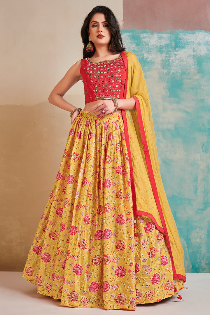 Exclusive Printed Work On Yellow Color Readymade Lehenga Choli