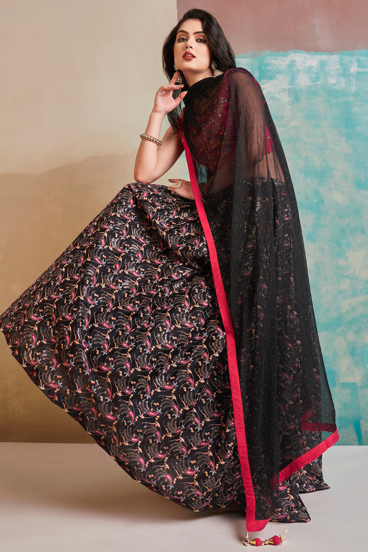 Attrective Chinon Fabric Black Color Readymade Lehenga Choli