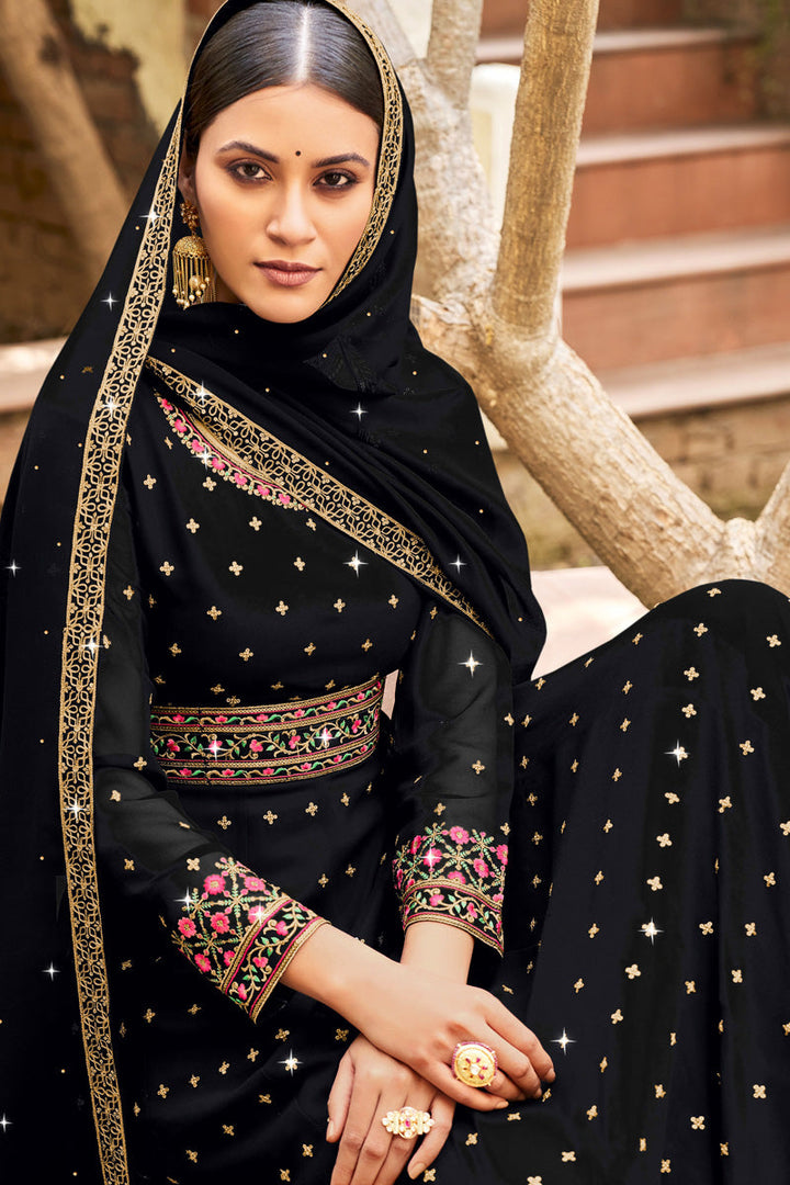 Attrective Georgette Fabric Black Color Anarklai Suit With Embroidered Work