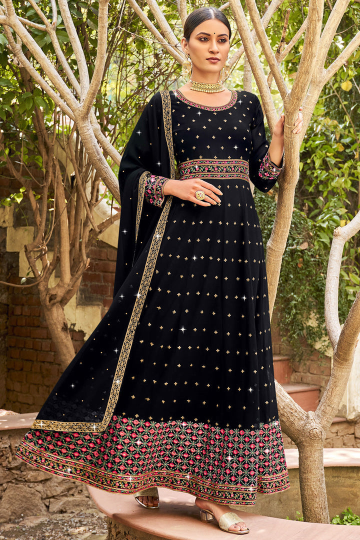 Attrective Georgette Fabric Black Color Anarklai Suit With Embroidered Work