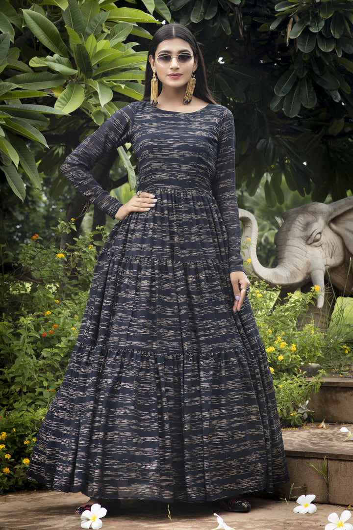 Designer Party Style Georgette Fabric Black Color Printed Readymade Gown