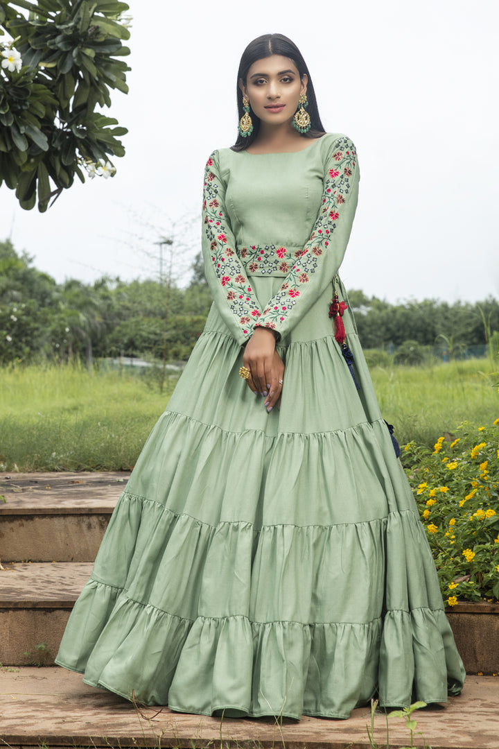 Cotton Fabric Embroidery Work Function Wear Designer Readymade Long Gown