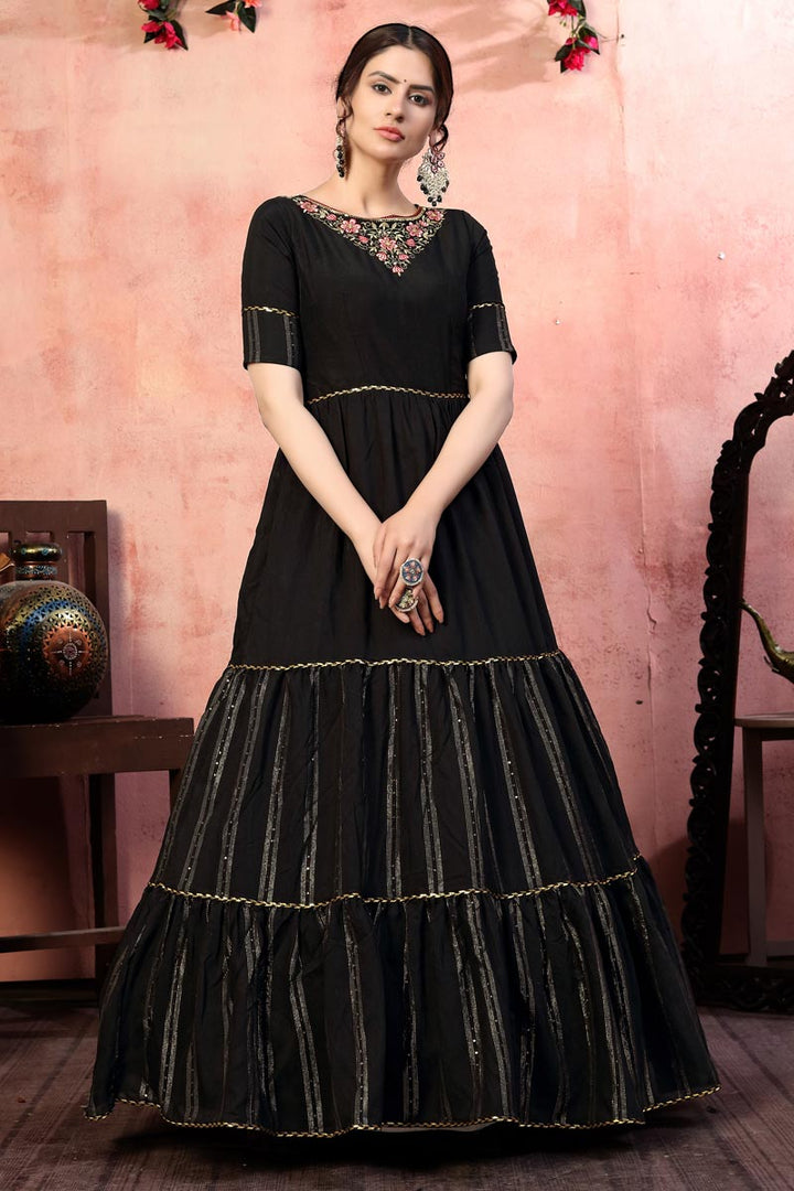 Fancy Party Wear Black Color Art Silk Fabric Sequins Work Gown