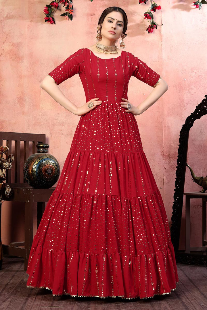 Party Wear Georgette Fabric Fancy Sequins Work Gown In Red Color