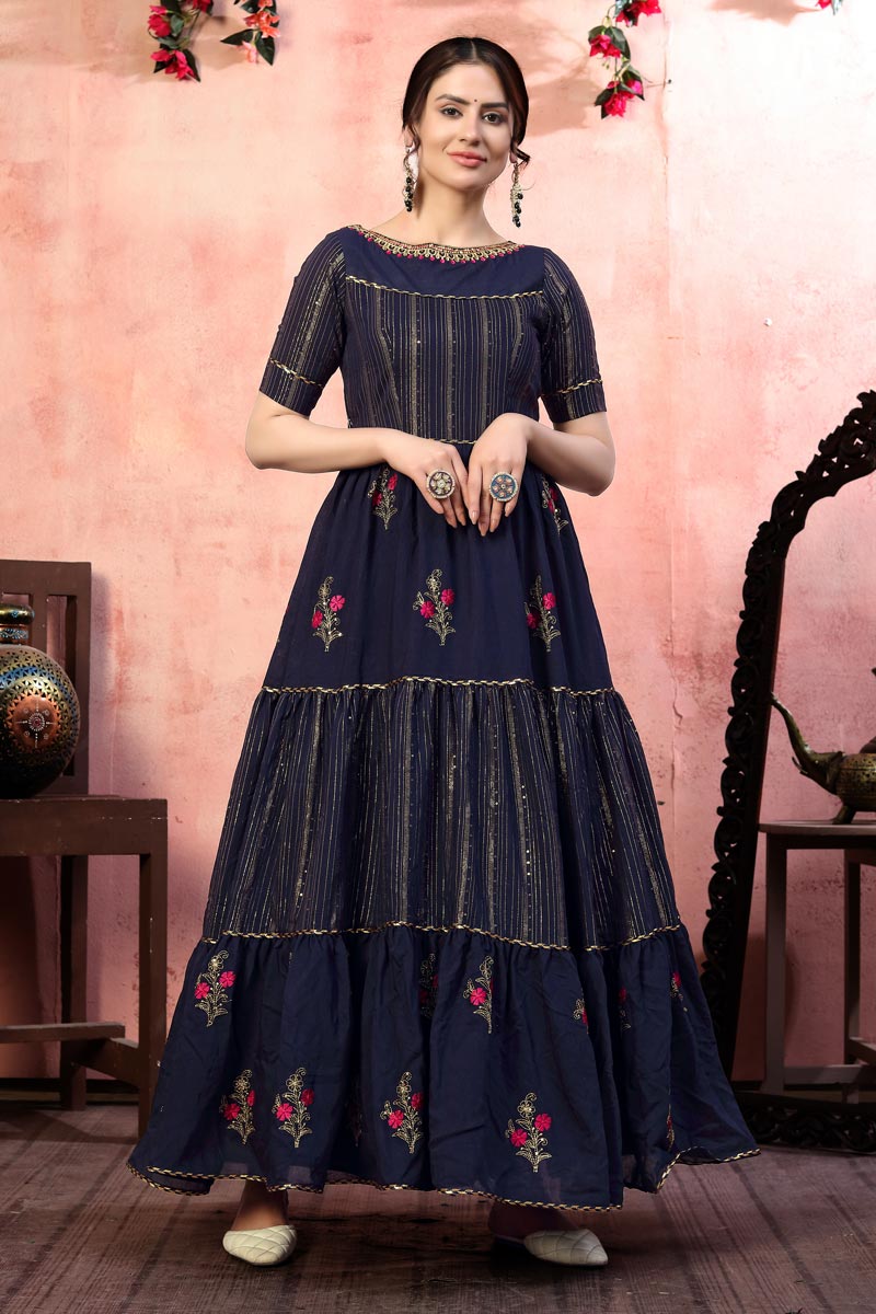 Fancy Art Silk Fabric Navy Blue Color Party Wear Sequins Work Gown