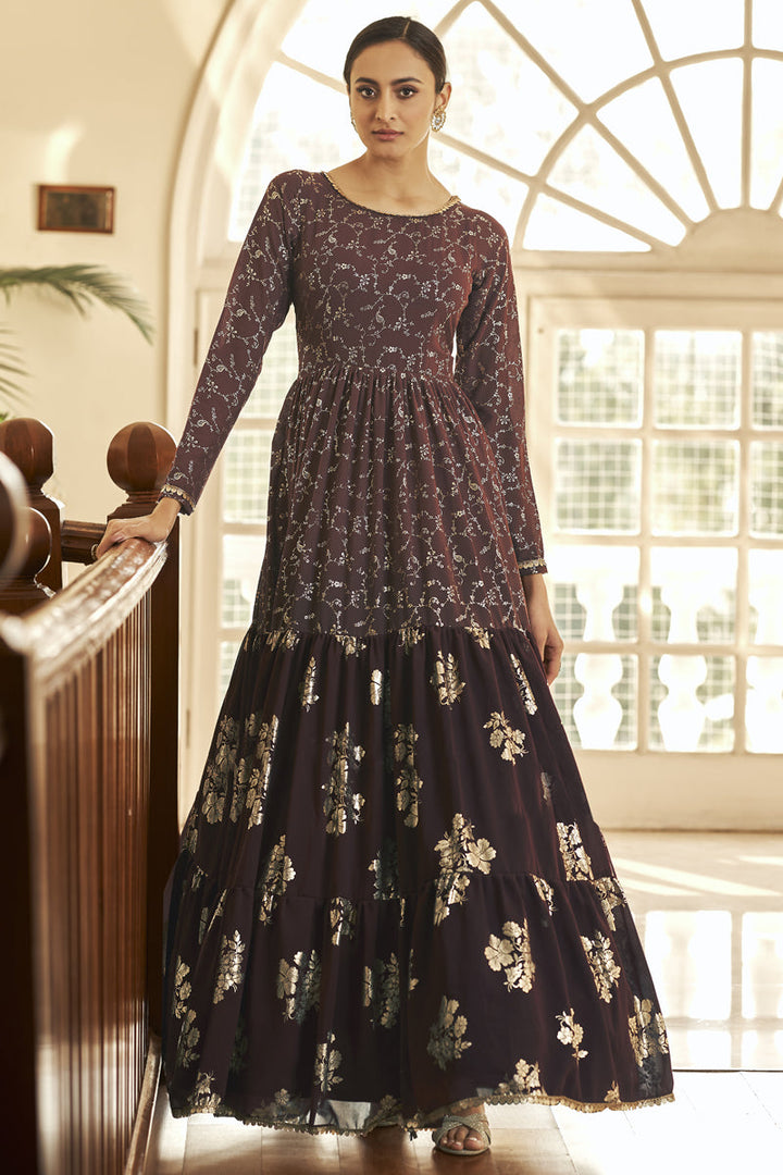 Georgette Fabric Foil Printed Work Party Wear Anarkali Style Gown In Multi Color