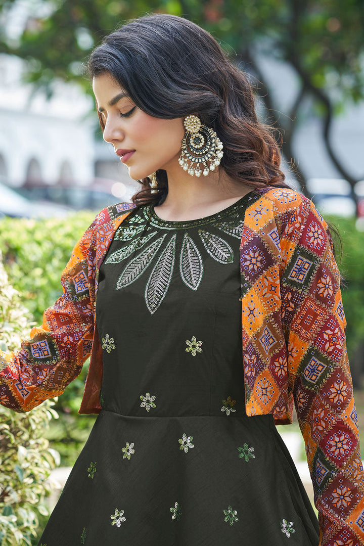 Party Look Cotton Fabric Mehendi Green Color Sensational Gown With Koti