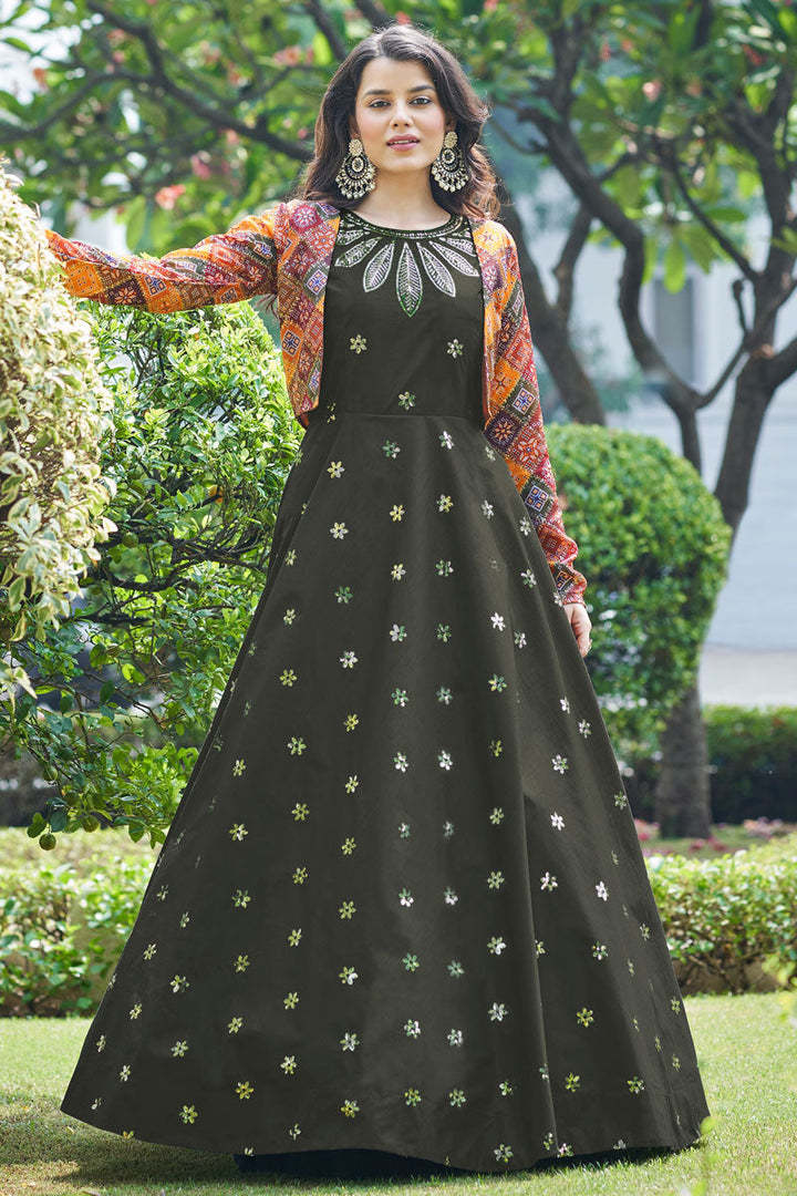 Party Look Cotton Fabric Mehendi Green Color Sensational Gown With Koti