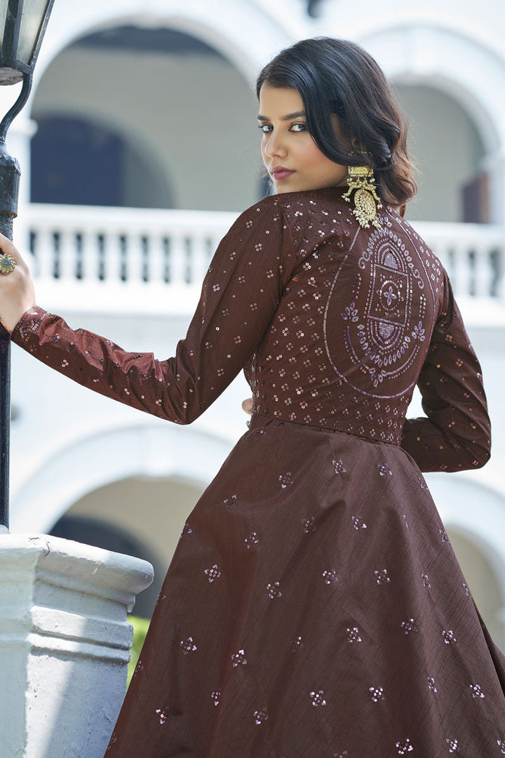 Brown Color Cotton Fabric Party Look Fabulous Gown With Koti