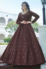 Load image into Gallery viewer, Brown Color Cotton Fabric Party Look Fabulous Gown With Koti
