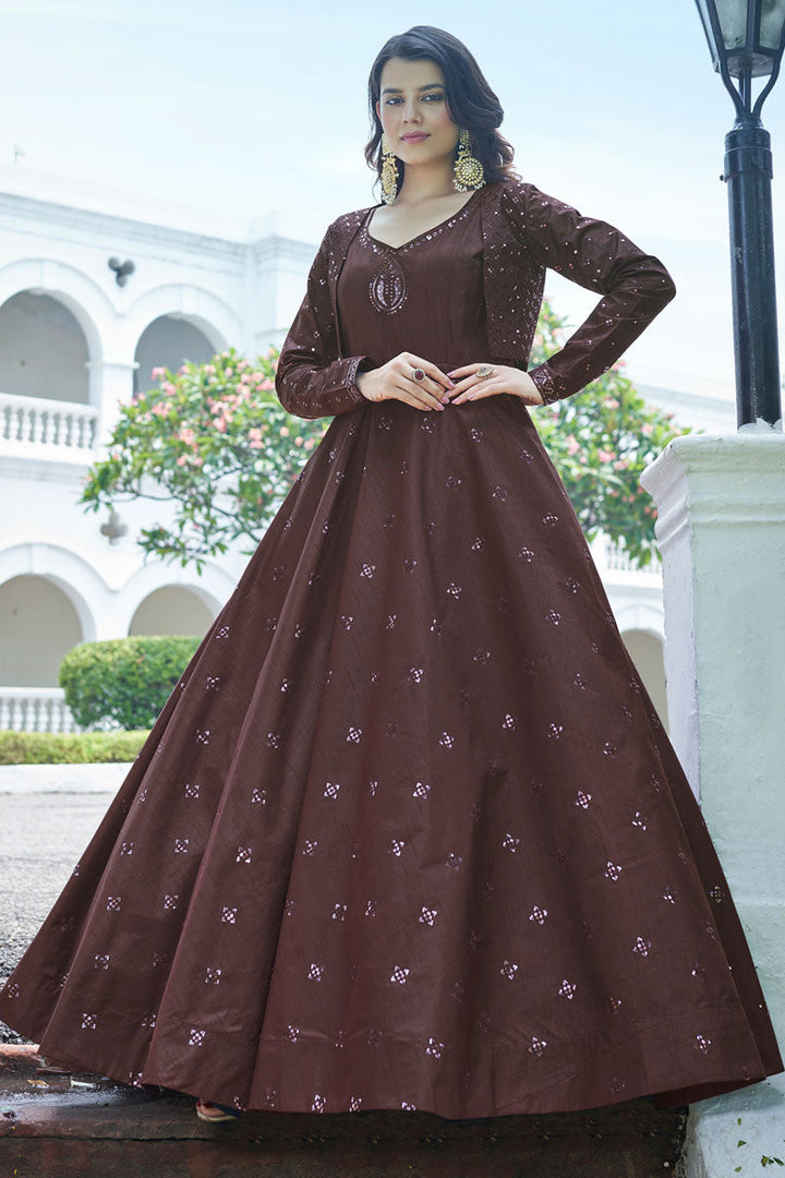 Brown Color Cotton Fabric Party Look Fabulous Gown With Koti