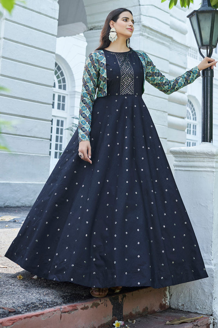 Cotton Fabric Party Look Splendid Gown With Koti In Blue Color