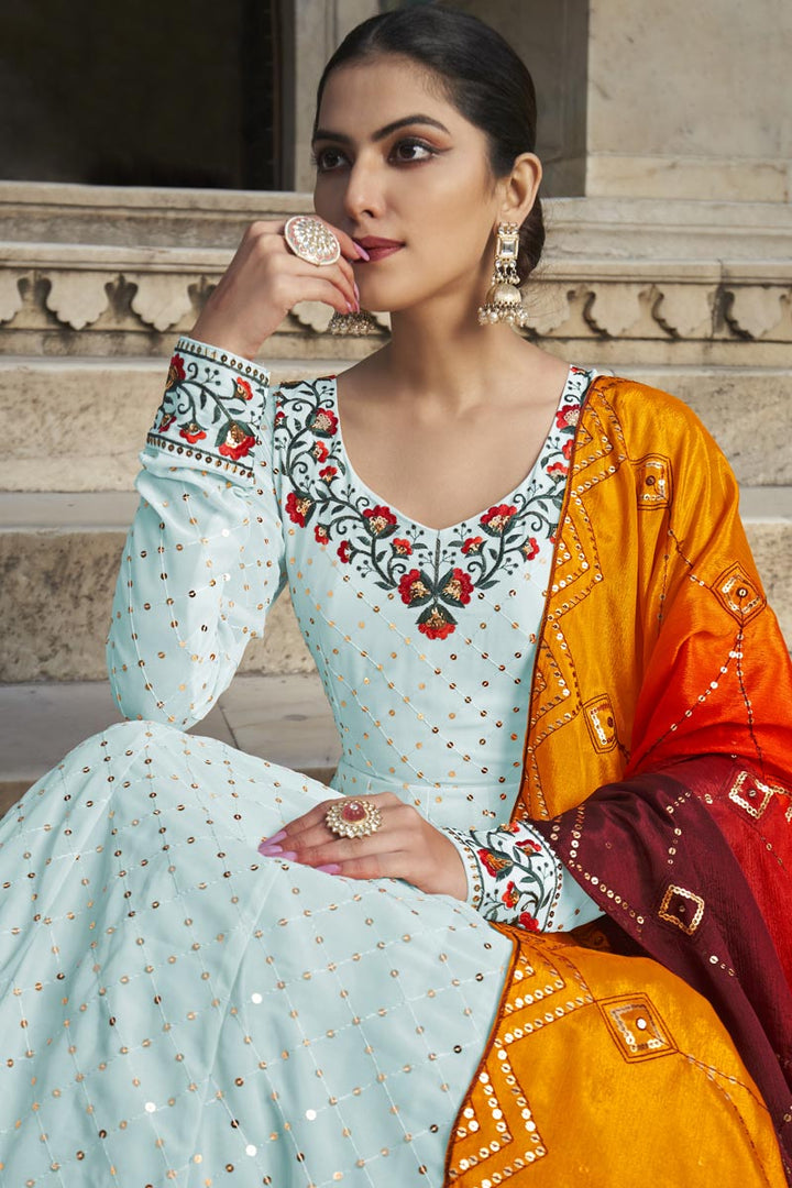 Majesty Sequins Work Georgette Sky Blue Color Readymade Gown