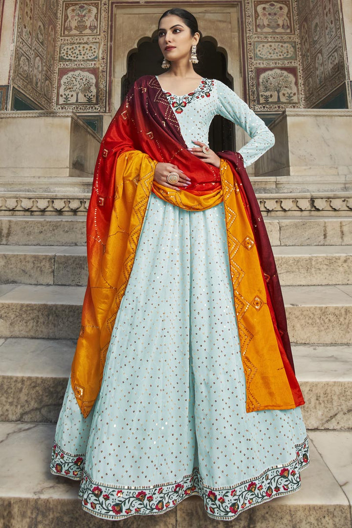 Majesty Sequins Work Georgette Sky Blue Color Readymade Gown