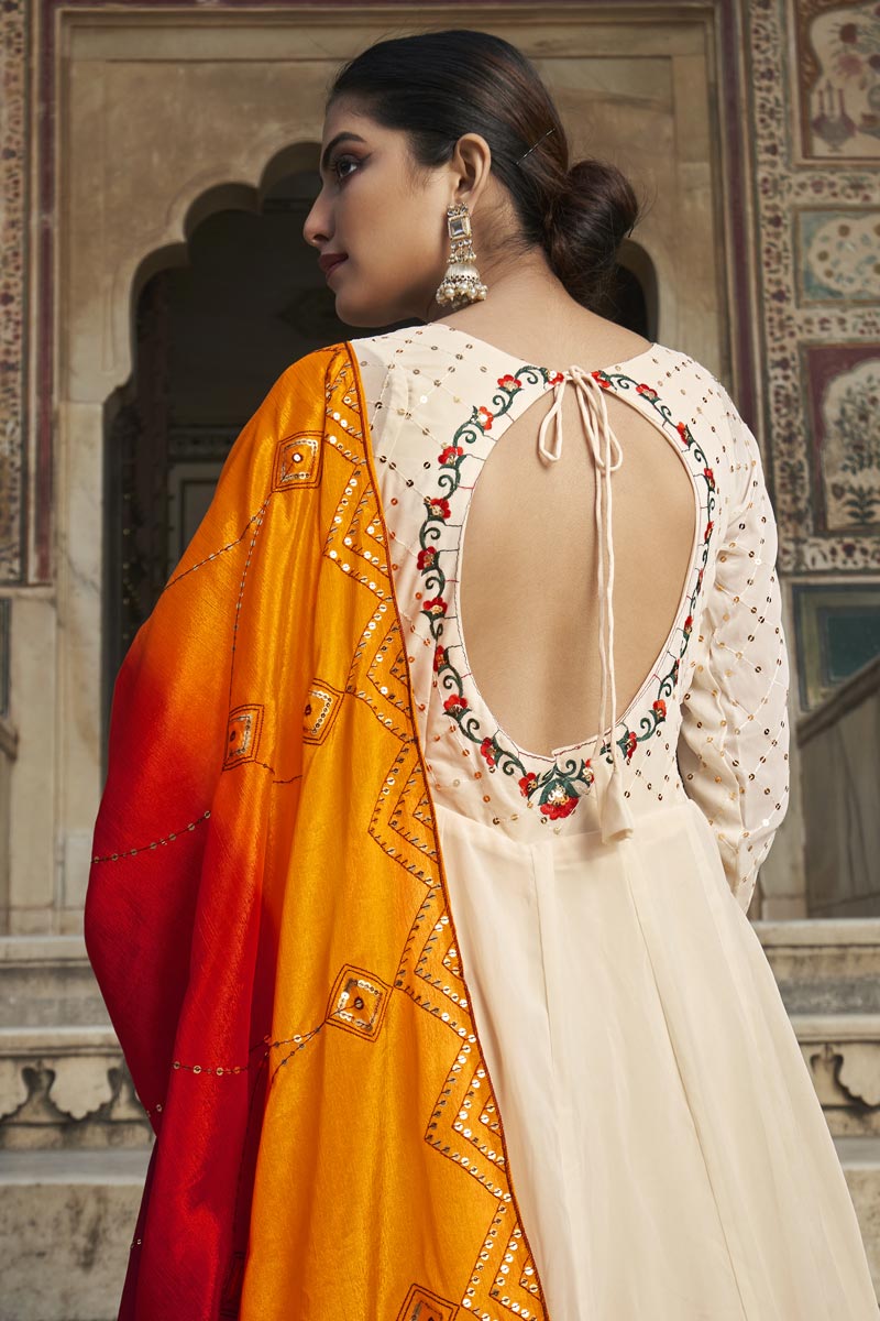 Tiptop Cream Color Thread Georgette Trendy Readymade Gown