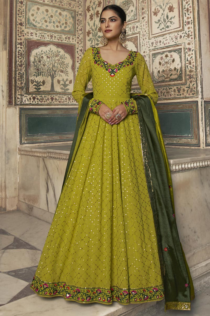 Phenomenal Georgette Ceremonial Green Readymade Gown