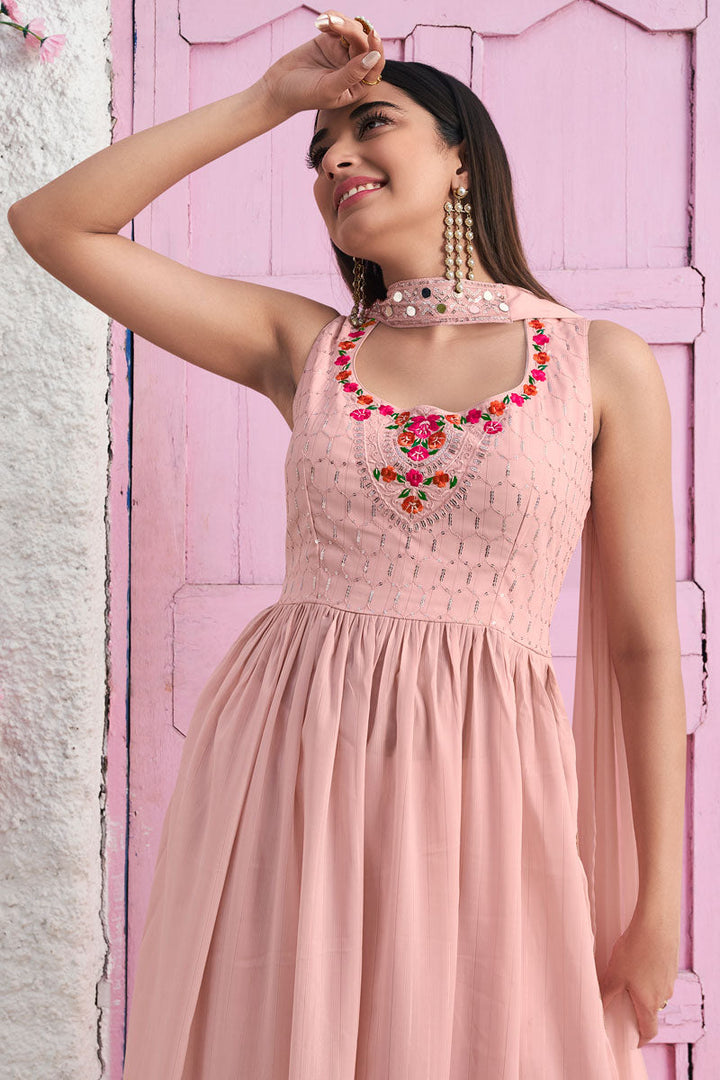 Georgette Fabric Embellished Peach Color Readymade Palazzo Suit