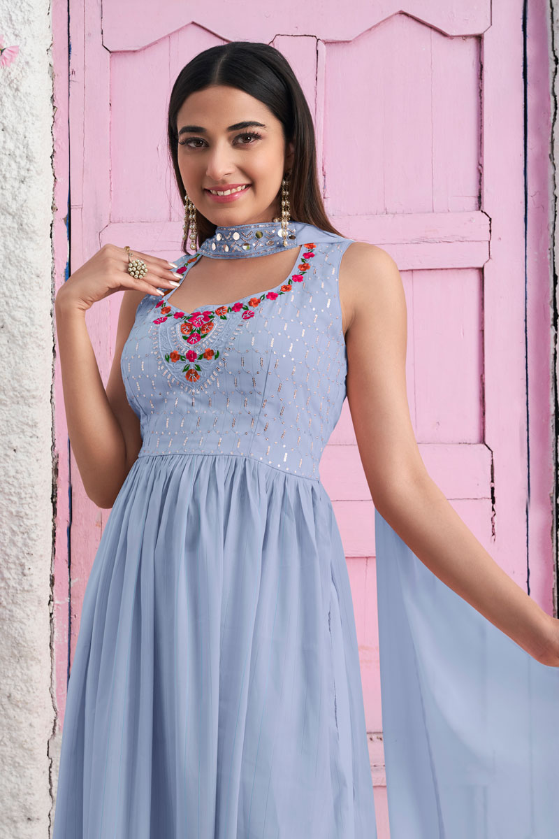 Sky Blue Color Ravishing Georgette Fabric Readymade Palazzo Suit