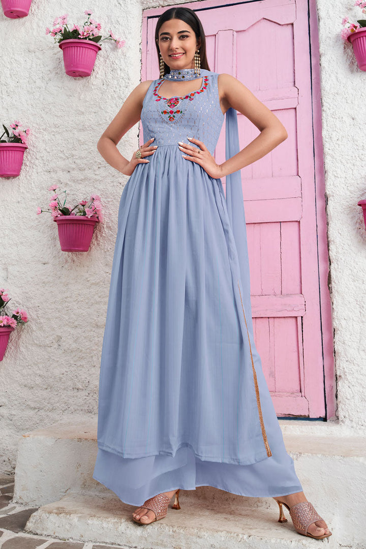 Sky Blue Color Ravishing Georgette Fabric Readymade Palazzo Suit