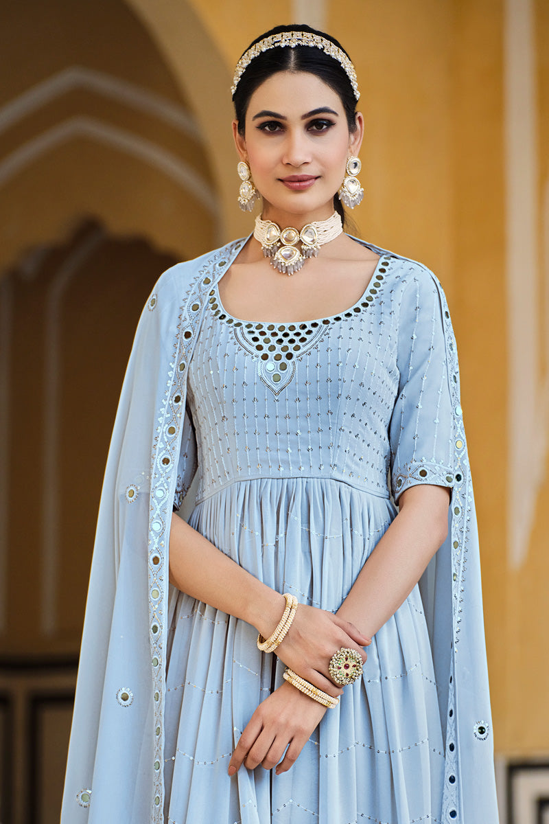 Sky Blue Georgette Palazzo Suit with Embroidered Work