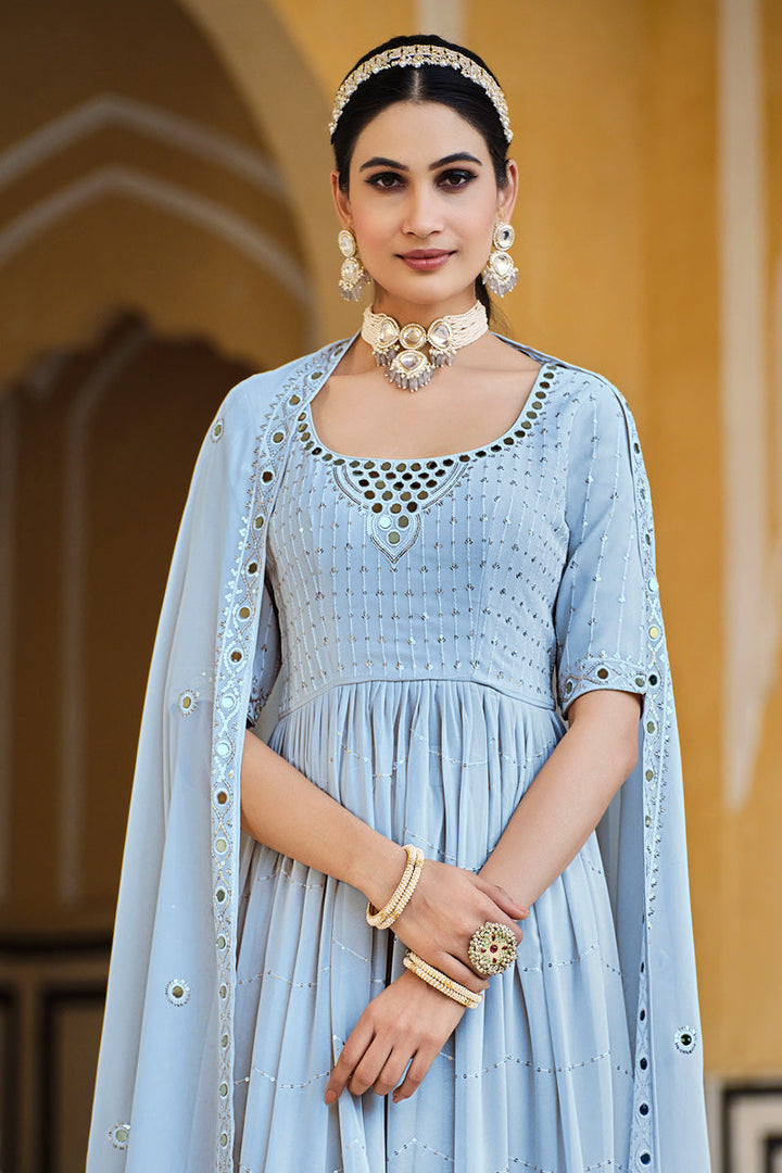 Sky Blue Georgette Palazzo Suit with Embroidered Work