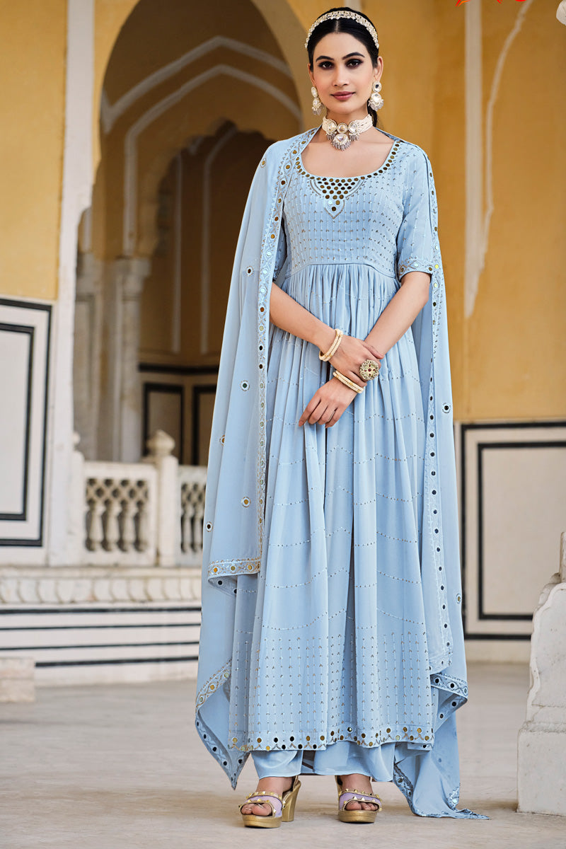 Sky Blue Georgette Palazzo Suit with Embroidered Work