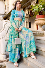 Load image into Gallery viewer, Sky Blue Stylish Art Silk Readymade Palazzo Suit With Koti
