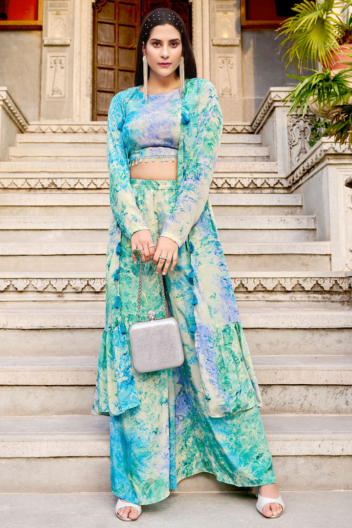 Sky Blue Stylish Art Silk Readymade Palazzo Suit With Koti