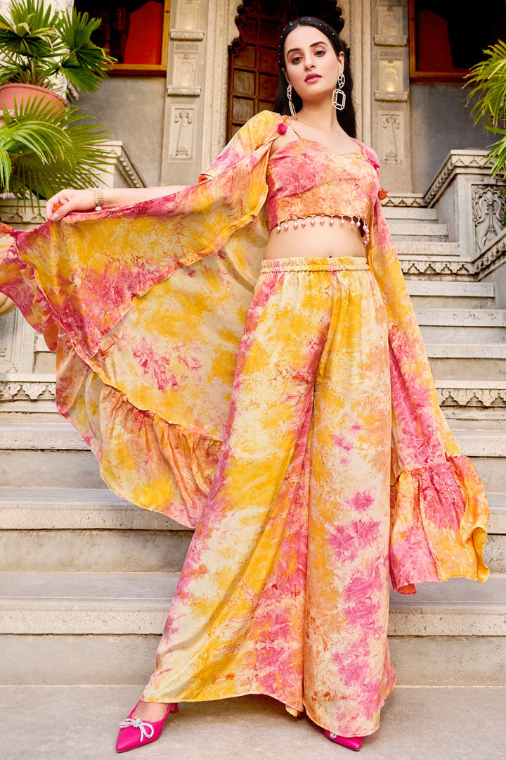 Superior Art Silk Readymade Palazzo Suit With Koti In Yellow Color