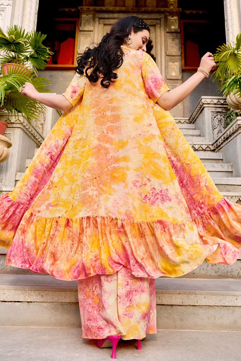 Superior Art Silk Readymade Palazzo Suit With Koti In Yellow Color