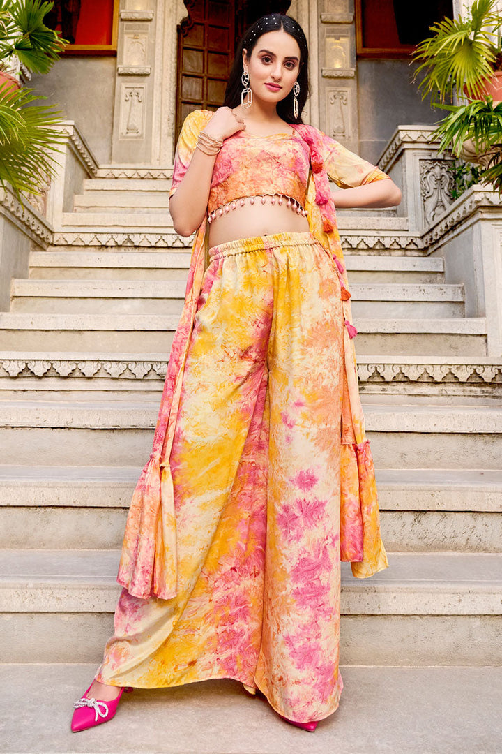 Superior Art Silk Readymade Palazzo Suit With Koti In Yellow Color