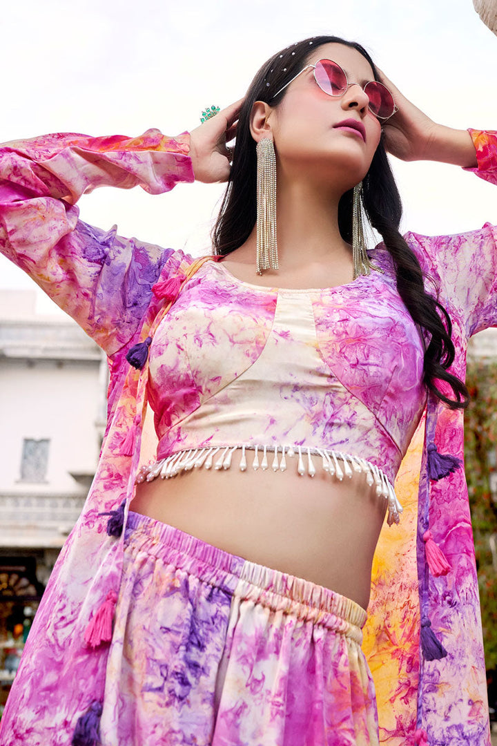 Intricate Art Silk Readymade Palazzo Suit With Koti In Purple Color
