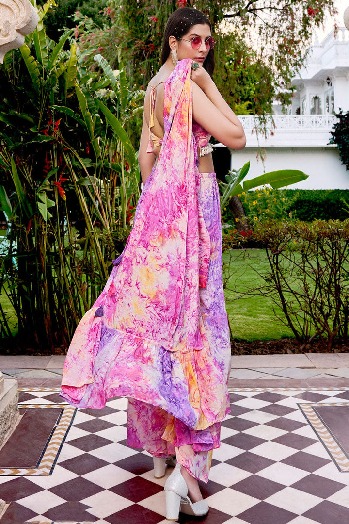 Intricate Art Silk Readymade Palazzo Suit With Koti In Purple Color