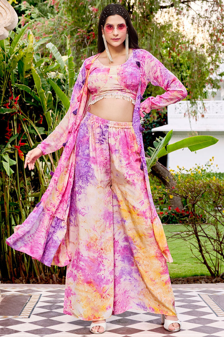 Intricate Art Silk Readymade Palazzo Suit With Koti In Purple Color