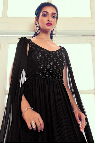 Black Color Beatific Look Georgette Readymade Gown With Dupatta