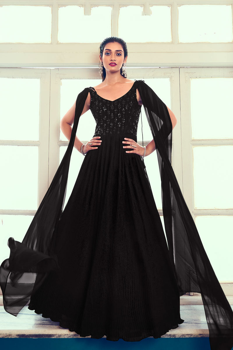 Black Color Beatific Look Georgette Readymade Gown With Dupatta