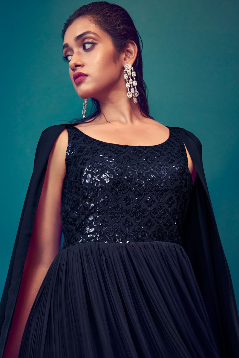 Brilliant Georgette Readymade Gown With Dupatta In Navy Blue Color